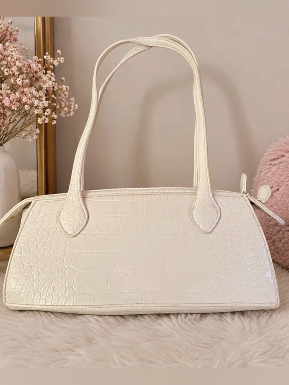 Elegant Ivory Croc-Embossed Handbag